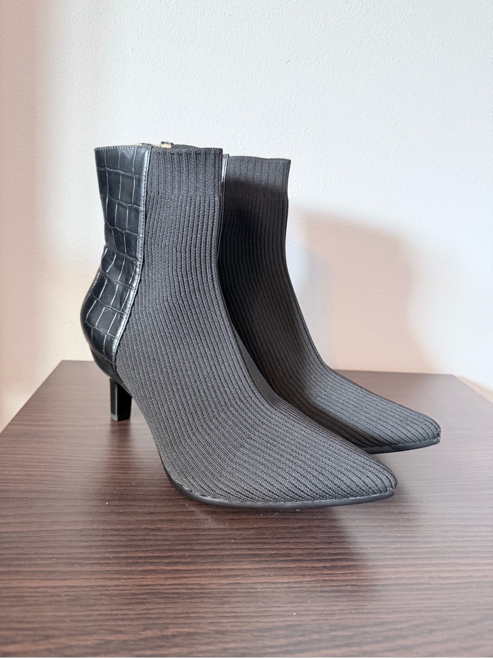 Pashion Black Knit Sock Ankle Boots with Croc Heel